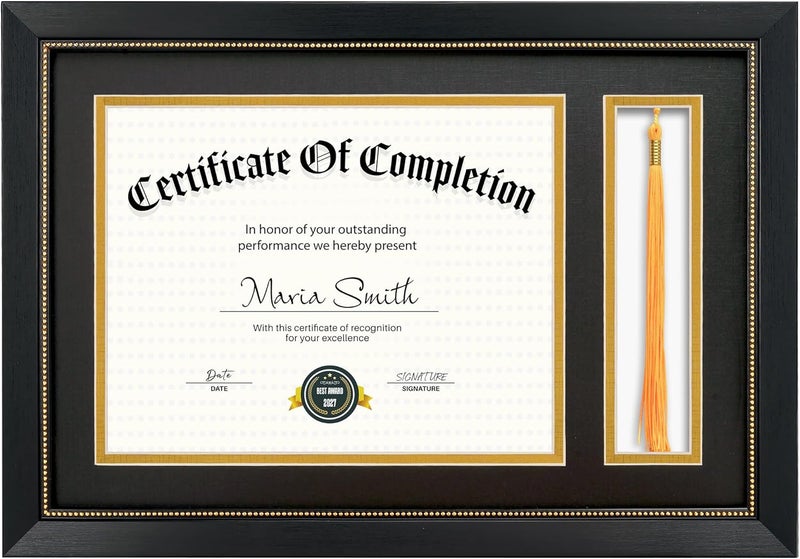 GiftMust 11x16.5 Diploma Frame with Tassel Holder for 8.5x11 Certificate Document, Black Diploma Frame with Real Glass, Black Over Gold Double Mats, Display 8.5x11 diploma and One Tassel - Image 1